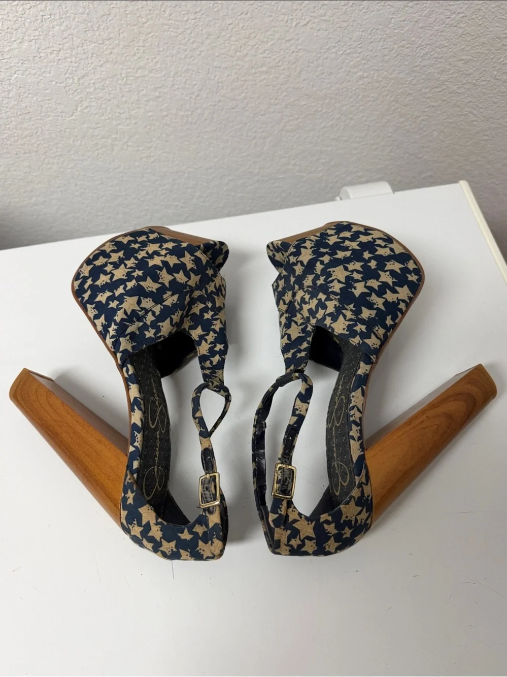 Jessica Simpson Navy and Cream Star-Print Platform Peep-Toe Heels